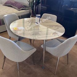 Modern 5-pc Dining Table Set White Faux Marble Table Top With Grey Fabric Upholstered Chairs