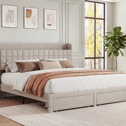 Upholstered King Bed Frame with Storage Drawers 
