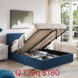 Queen Size Hydraulic Lift Up Storage Bed Frame with Wingback Headboard, No Box Spring Needed(129q)