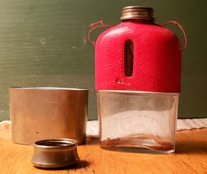 Circa 1890 Hip FLASK 3oz, Red Leather, Glass, Pewter w/screw top & level viewing window cut into leather on both sides. Will consider best offer!