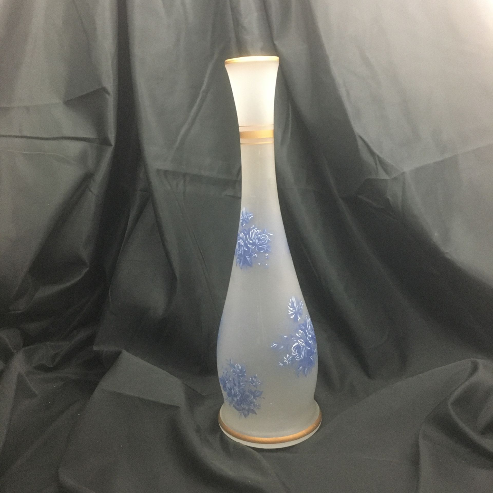 Satin Glass Vase With Blue Flowers And Gold Trim