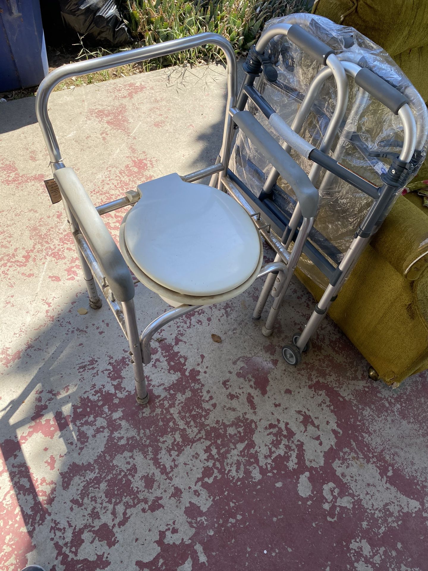 Portable Toilet Seat (Commode) and Two walkers for the elderly.