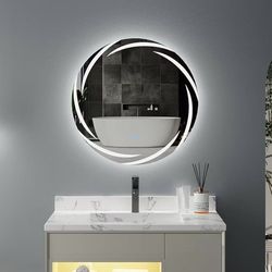 XMR-Y18-928 Round LED Bathroom Mirror: 60CM Wall Circle Lighted Mirror Backlit Anti-Fog Mirrors with 3 Colors Light Wall Mounted Vanity Mirror Whirlwi