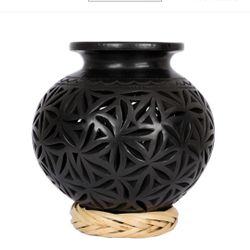 Novica Oaxacan Stars Black Clay Round Openwork Vase