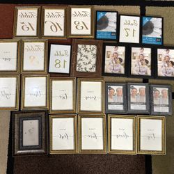 Collection of various picture frames. Includes gold, black, and brown frames. All Together $10