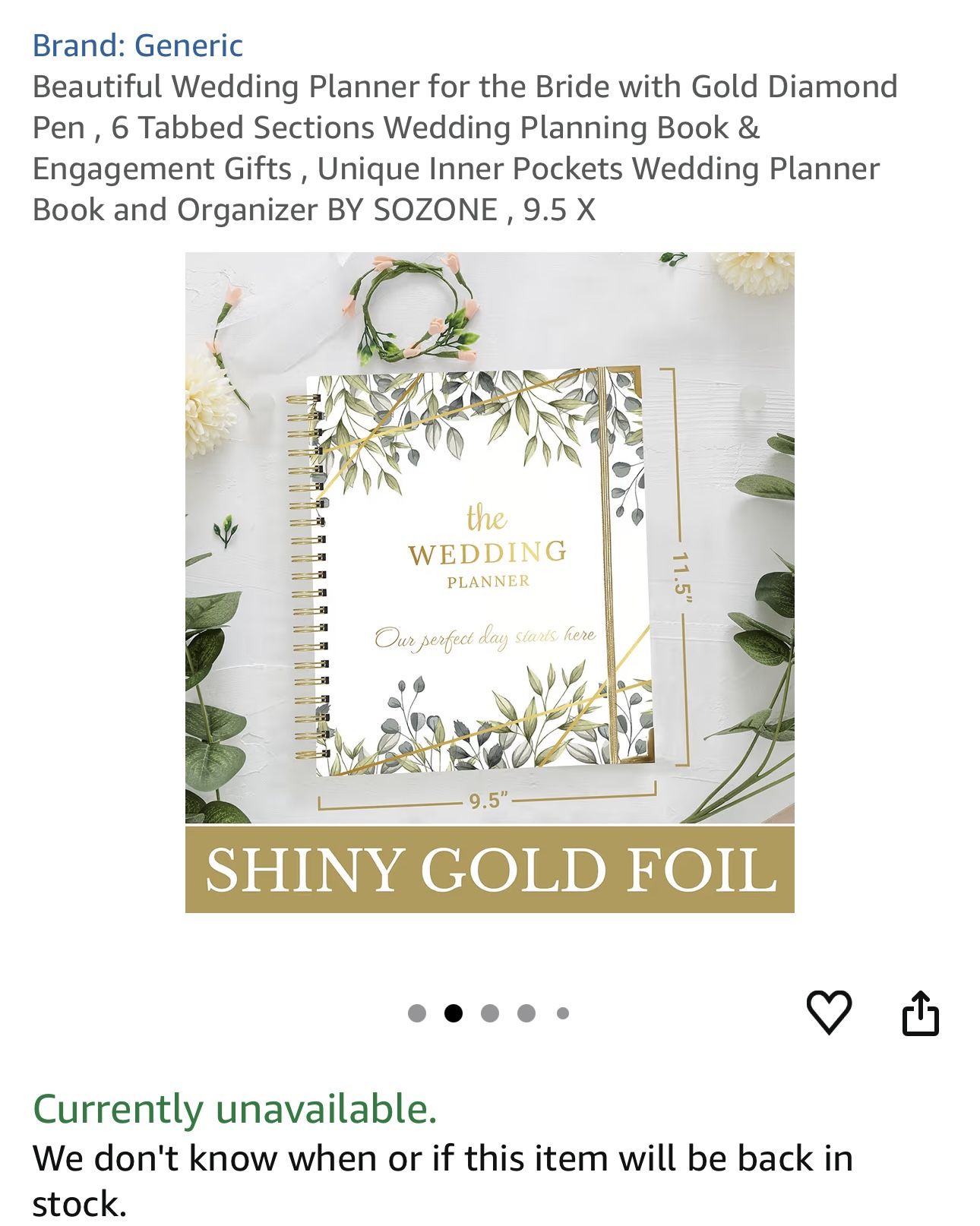 $10-Beautiful Wedding Planner for the Bride with Gold Diamond Pen, 6 Tabbed Sections Wedding Planning Book & Engagement Gifts, Unique Inner Pockets We