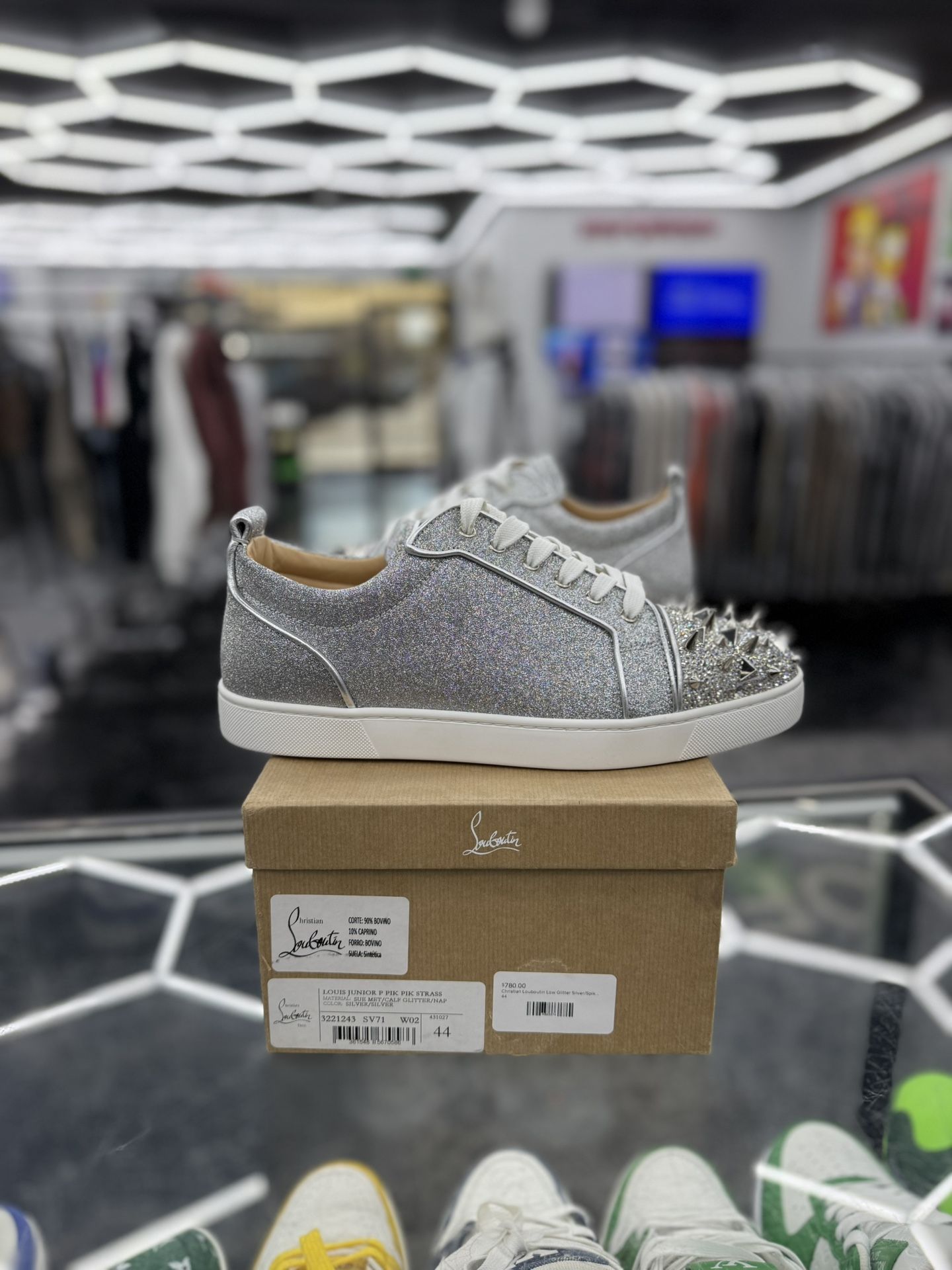 Christian Louboutin Low Glitter/Crystal/Spike toe Silver /White 44(11 11.5M)