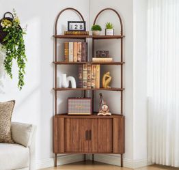 Arched Metal and Wood Corner Bookshelf with Cabinet 71”x30”x15.5”