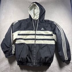 Adidas Vintage Y2K Windbreaker Jacket Men’s L Black Full Zip Hooded 3 Stripe