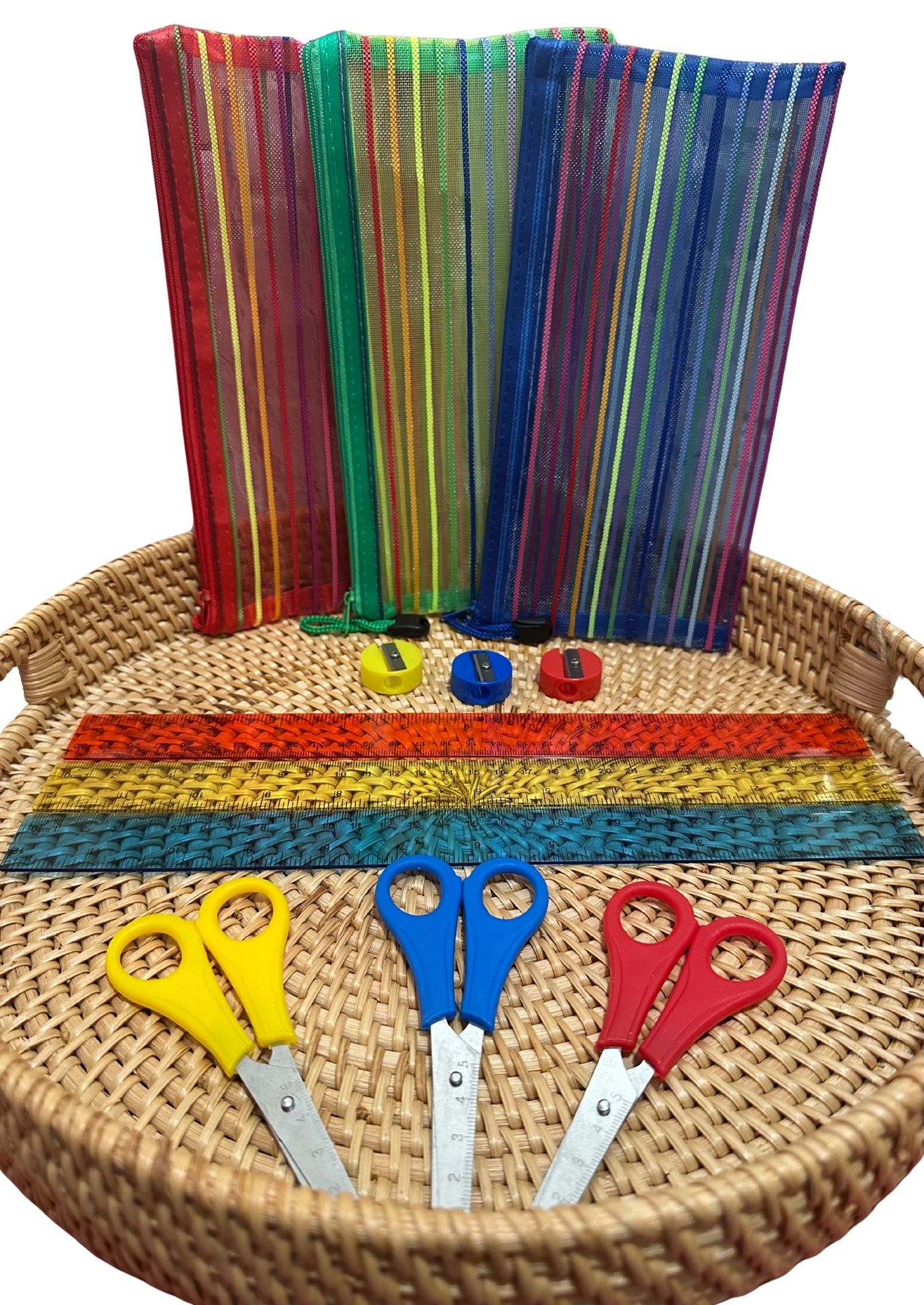 Kids Safety Scissors, pencil cases, sharpeners, and rulers set of 3