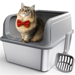 Powools Stainless Steel Cat Litter Box, Metal Kitty Litter Box with Scoop, Anti-Leakage Top Entry, Non-Sticky, Easy to Clean, Grey, 13.5" 17.3" 11" Ne