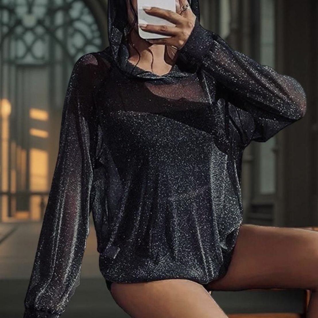 Sparkling Y2K Black Sheer Shimmery Hoodie Summer Sparkly Goth Emo Transparent