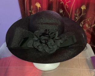 Black Wide Brim Straw Hat with Flower