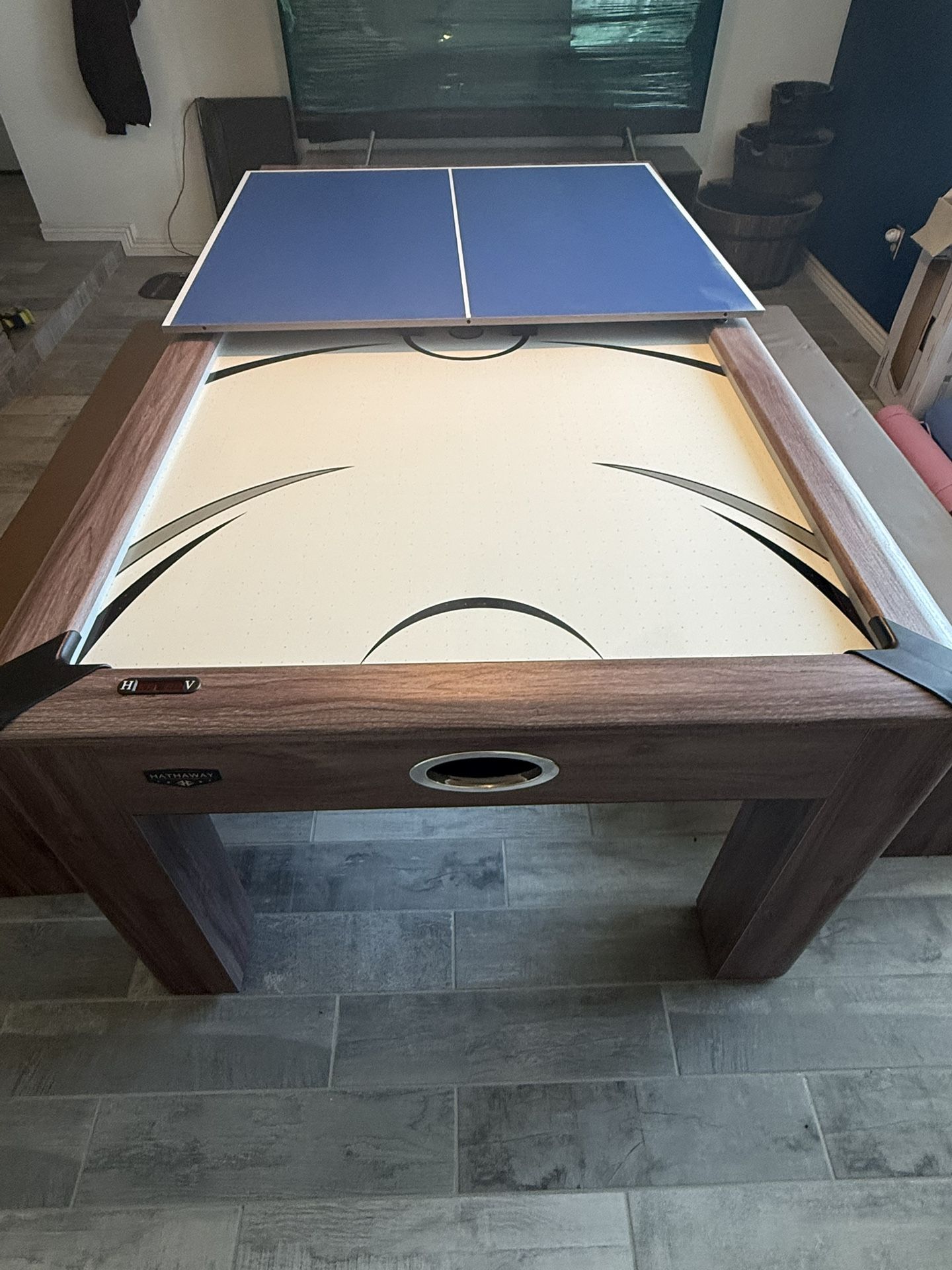 Hathaway Driftwood 7ft Air Hockey, Table Tennis With Dining/Game Top And 2 Benches