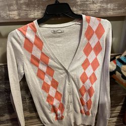 Old Navy Women's Cardigan Sweater Size Medium  Tan Argyle Diamond Long Slv Excellent Cond Smoke Free