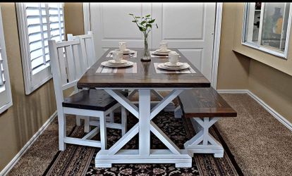 🔥 Farmhouse Style Dining Table with matching bench and 2 chairs❗ 👉MADE FROM REAL WOOD❗