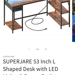 SUPERJARE 53 Inch L Shaped Desk with LED Lights & Power Outlets, Reversible Computer Desk with Shelves & Drawer, Corner Desk Home Office Desk, Rustic 