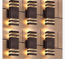 DASTOR 4 Pack Outdoor Wall Lights, Brown Exterior Lighting Fixtures Wall Mount, 2-Layer Modern Outdside Lights For House, Up And Down Outdoor Sconce L