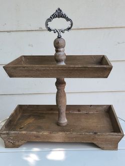 Rustic Brown Two-Tiered Wooden Serving Stand – Farmhouse Decor – 15" x 11" x 18"