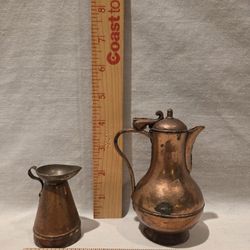 Brass/copper 4 1/2" coffee Pot & 21/4"  pitcher, VTG 