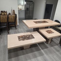 10 Piece Furniture Set Cream Stone Brown Marble Postmodern Tessellated Mactan Stone Dining Table Coffee Table End Table Bench Ottoman Dining Chairs 