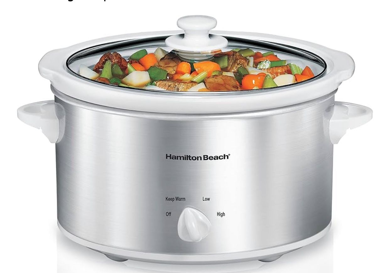 BRAND NEW IN BOX Hamilton Beach 4-Quart Slow Cooker with 3 Cooking Settings, Dishwasher-Safe Stoneware Crock & Glass Lid, Stainless Steel