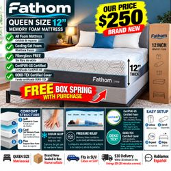 🔥 BRAND NEW FATHOM 12” QUEEN Memory Foam Mattress + FREE Box Spring – $250! / Matrimonial