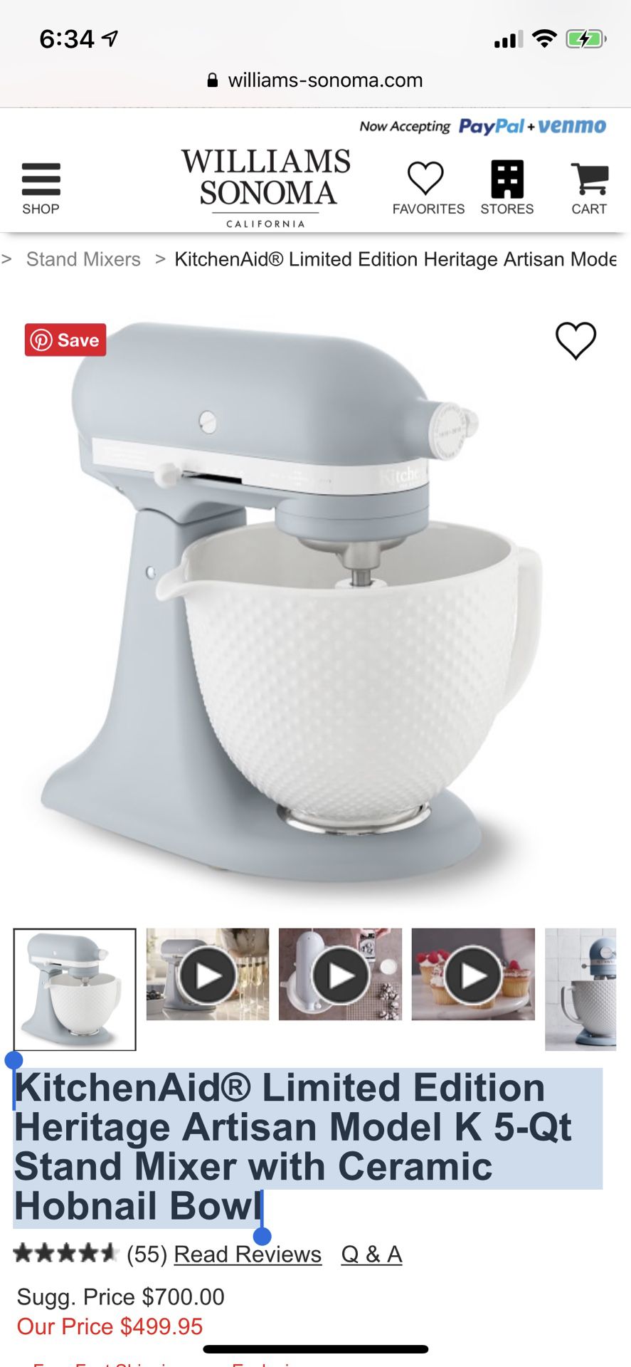 KitchenAid Limited Edition Heritage Artisan® Series 5-Quart Tilt-Head Stand  Mixer