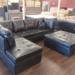 Sectional Sofa In Genuine Leather Black