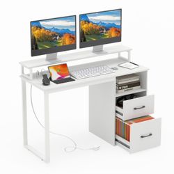 GIANTEX 48 Inch Computer Desk with Power Outlets & File Drawer, Home Office Desk with Monitor Stand, Gaming Desk with Storage Shelf, Modern Study Work