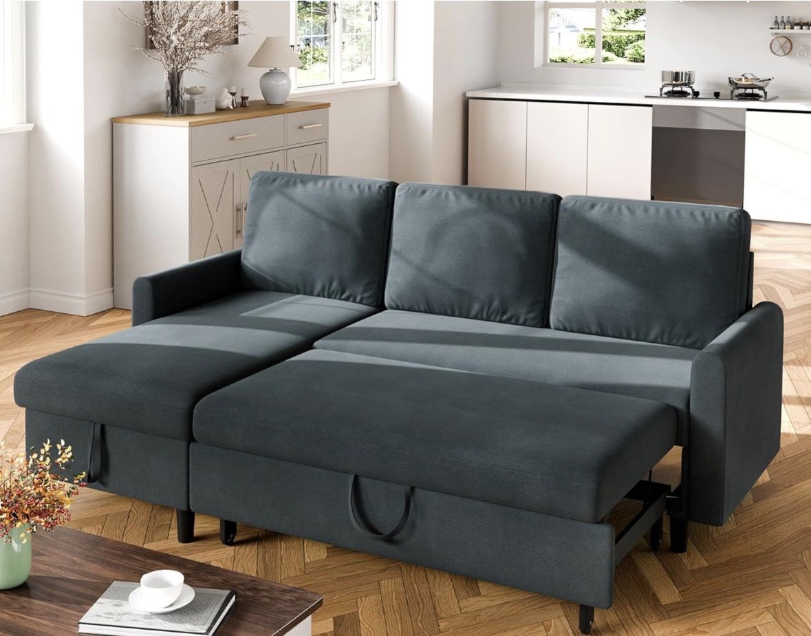 Walsunny Sectional Sofa Couch Bed, L Shaped Sleeper Sofa Bed, Dark Gray