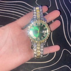   Iced Out Two Tone Watch Green Dial 