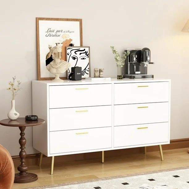 White 6-Drawers 47.2 in. W Dresser Accent Storage Cabinet Organizer Chest of Drawer With Metal Leg