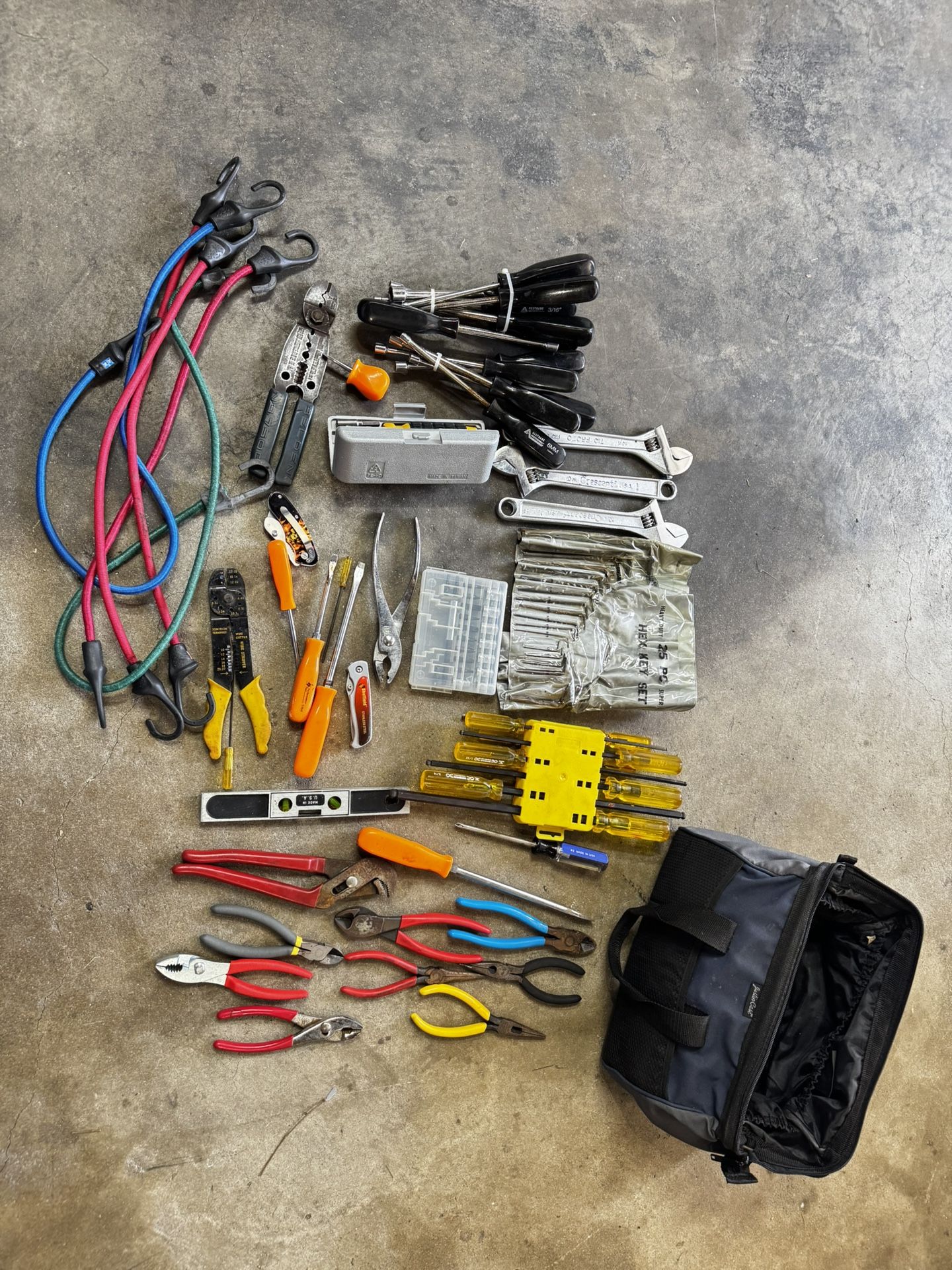 Bag Of Tools, ( Crescent, Wrench, Nut Drivers, Allen‘, Levels, Pliers)