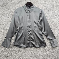 Express Portofino Shirt Womens Medium Gray Satin Polyester Button Up Office

