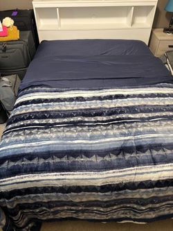 White Bookcase Headboard Bed Frame with full size mattress and box spring