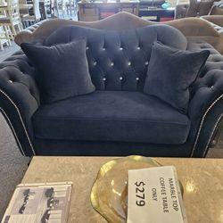 Blue Velvet Loveseat With Nailheads Trimming Clearance!