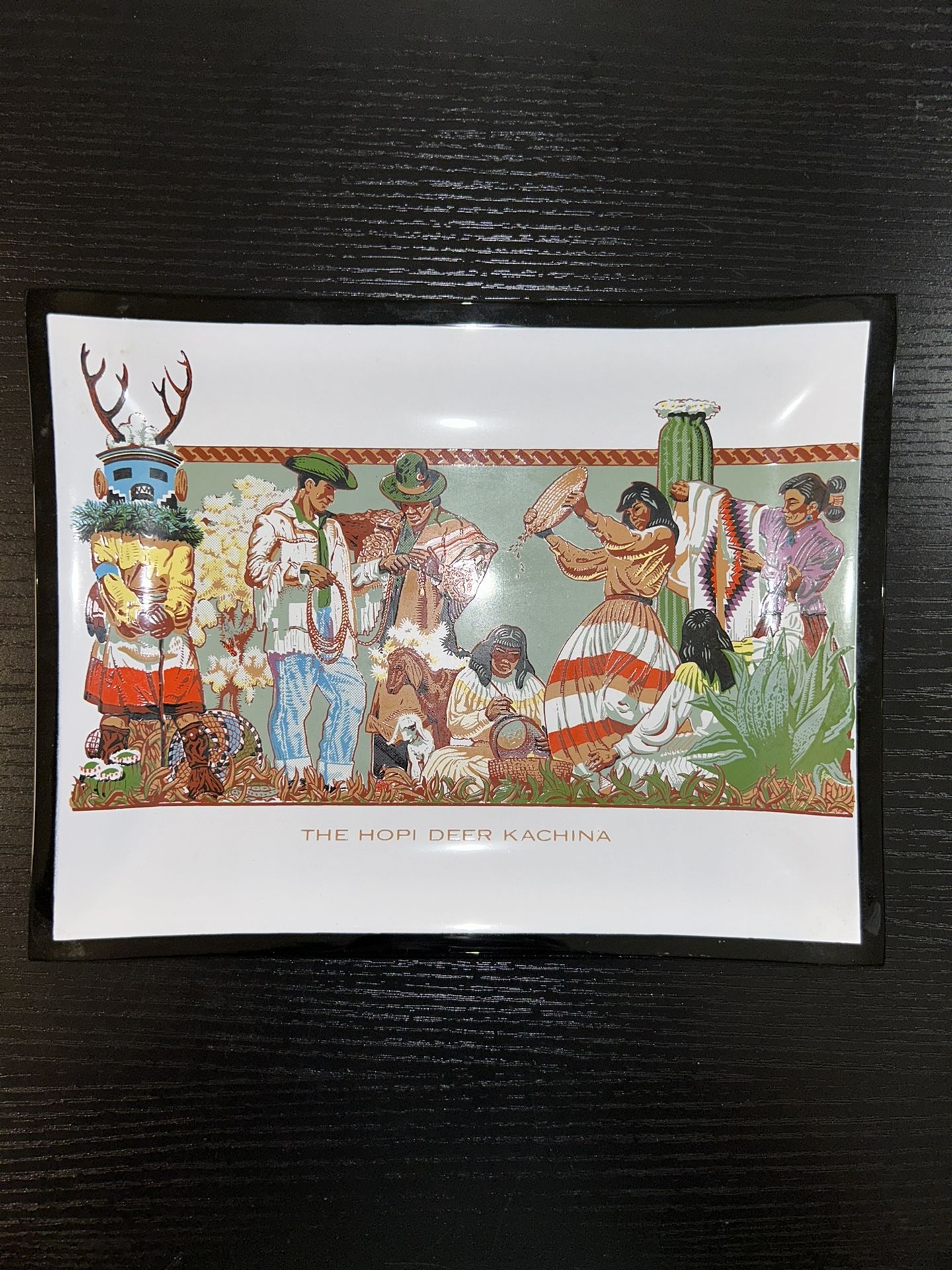 Hopi  Deer Kachina Indian Story Jay Datus Mural Glass Tray National Bank AZ 7x9”