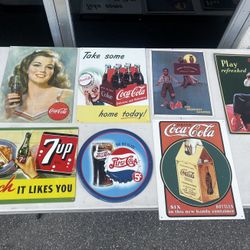Lot of 7 Retro Tin Metal Coca-Cola, 7-Up, Pepsi Shop Signs! Good condition!  Largest 12.5x16in Small Pepsi 12in