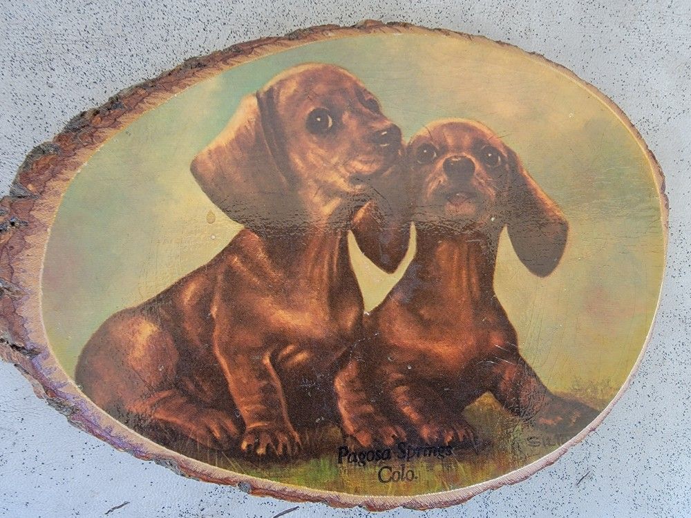 DACHSHUND Puppies on real wood slab plaque
