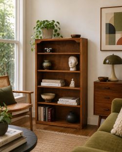 Mid-century, modern style or vintage wood note chip board, bookshelf, adjustable shelves