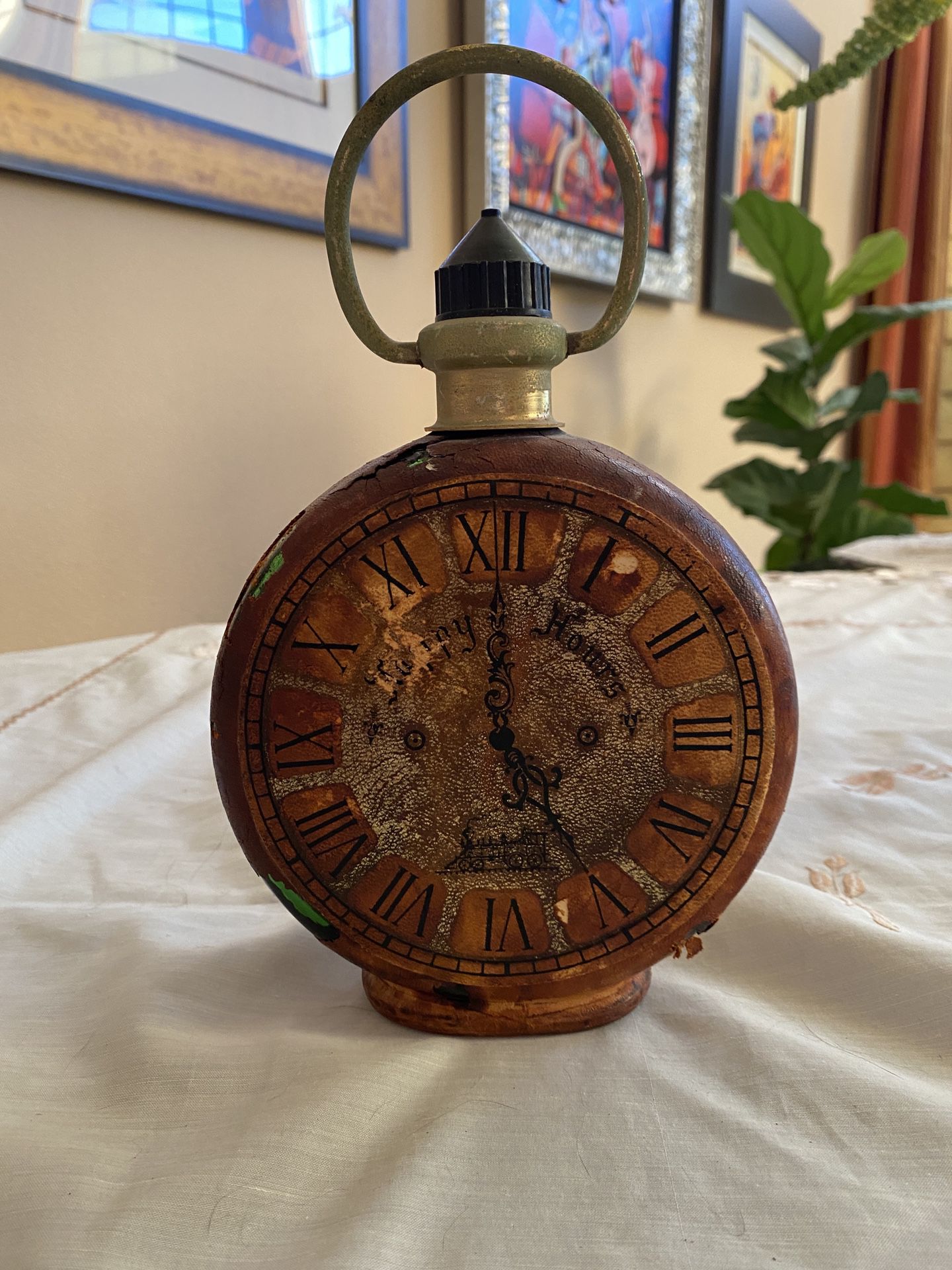 Antique Whiskey Clock Face Flask Italy Leather Vintage Bottle