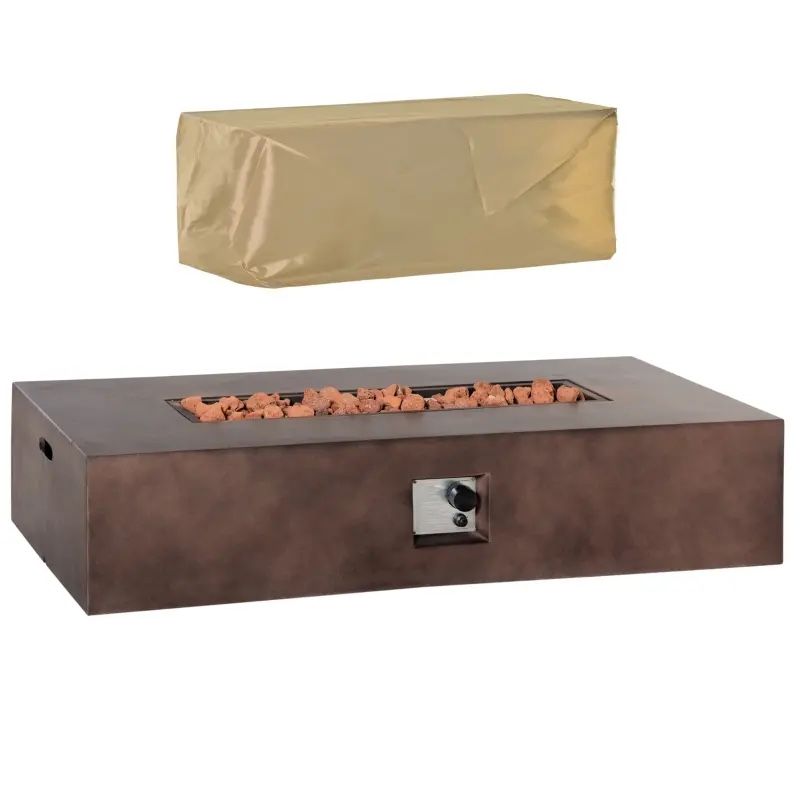 Outsunny 56" Firepit Table for Outside, 50,000 BTU Large Rectangular Stone Gas Firepit with Lava Rocks & Rain Cover, Fits 20lb Tank, Brown