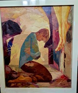 Mid Century Framed Oil Painting of religious or spiritual CONTEMPLATION by Percy 28.5"×24.5"