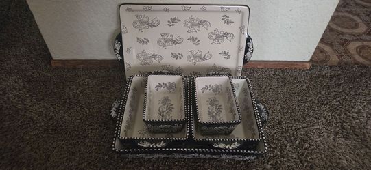 Black and White Ceramic Serving Set with Tray