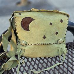 Vintage Artisan Suede Crossbody  Shoulder Bag Boho Western Hippie Medium Green 