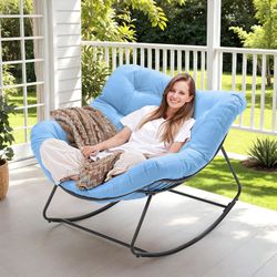 Outdoor Papasan Rocking Chair, 450 lbs Oversized Comfy Patio Chair with Thickened Cushion, Indoor Egg Rocking Lounge Chairs, Rocker Chairs for Patio P