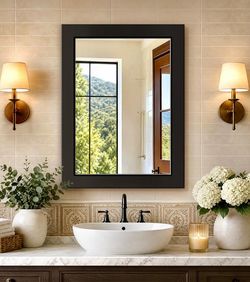 Bathroom Mirror 24 x 32 Rectangular Vanity Wall Mirror Black Tempered Glass, Painted Finish, Distortion Free Reflection, Vertical or Horizontal Hangin
