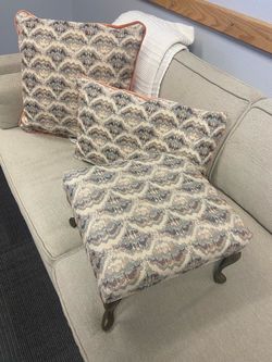 Upholstered Footstool with Matching Throw Pillows
