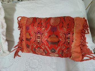 BEAUTIFUL RED SILK ORIENTAL DESIGN REVERSIBLE  LUMBAR PILLOW